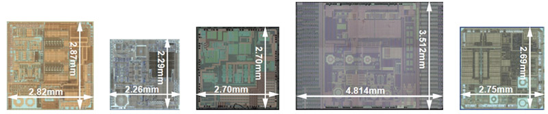 图1: 5款芯片实际比例去封装顶层图(左起分别为ADMTV102、ADMTV803、MxL5007T、SMS1180和TP3021)。