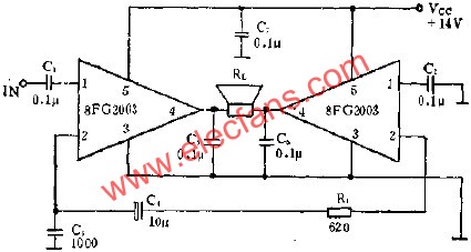 8FG2003拼成BTL放大电路的应用  www.hzfubeitong.com