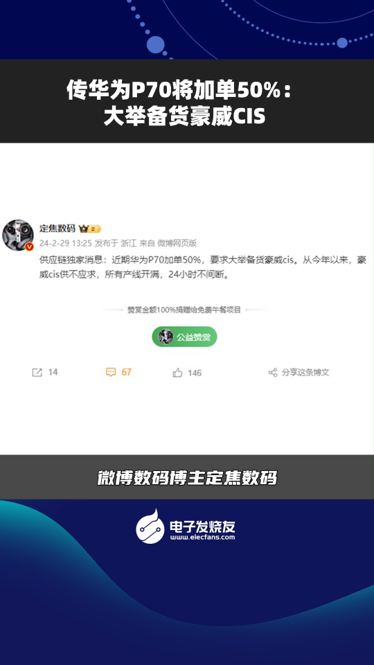 传华为P70将加单50%:大举备货豪威CIS 