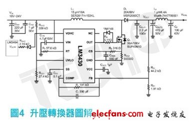 LM3430所执行的升压转换器图解，以下是选择主要元件细节的说明