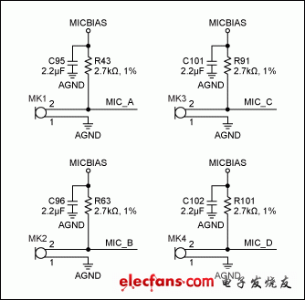 图2. 四路麦克风输入电路。