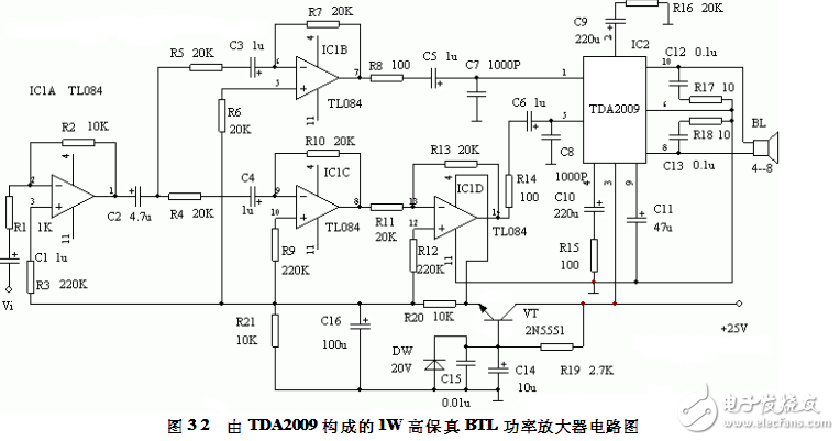 由TDA2009构成的1W高保真BTL功率放大器 