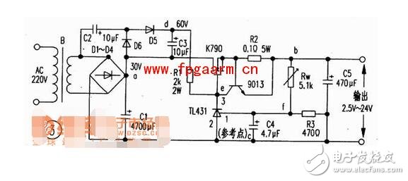 　　工作原理  　　如图所示，220v电压经变压器B降压、D1-D4整流、C1滤波。此外D5、D6、C2、C3组成倍压电路（使得Vdc＝60V），Rw、R3组成分压电路，T1431、R1组成取样放大电路，9013、R2组成限流保护电路，场效应管K790作调整管（可直接并联使用）以及C5是输出滤波器电路等。  　　稳压过程是：当输出电压降低时，f点电位降低，经T1431内部放大使e点电压增高，经K790调整后，b点电位升高；反之，当输出电压增高时，f点电位升高，e点电位降低，经K790调整后，b点电位降低。  　　从而使输出电压稳定。当输出电流大于6A时，三极管9013处于截止，使输出电流被限制在6A以内，从而达到限流的目的。本电路除电阻R1选用2W、R2选用5W外，其它元件无特殊要求，其元件参数如图3所示。  　　1  　　2  　　基于TL431的延时定时器电路图  　　1  　　TL431的无反馈，可以看作一个NPN或N - MOS器件高跨导和精确的2.5V接通电压 。管头要小心：TL431的引脚上（+电源）是阴极，较低的（供应） - 阳极 。。。 它的另一个世界。  　　1  　　重负荷（超过100毫安），可以通过完全脱钩的继电器或optocouples供电，或与PNP（P - MOS）开关晶体管。为监管机构制定的特殊的PNP类型 - 这些具有低压降和不需要很多的基极电流。  　　1  　　要添加迟滞（正反馈） - 添加另一个PNP逆变器。从电源纹波稳压器中分离出来的RS - DS输入网络。  　　1  　　基本定时器配置。设置起动电流通过RT为100uA（远高于基输入绘制2uA）。开启延时T1 = 2.5V/U1 *（RT * NO）。断电延时通常是由负载电流，但你必须考虑电源capacitanca和泄漏（C2，R2）的影响。  　　工作例如：连续两次在电子管放大器的延迟（45秒，60秒）。齐纳稳压电源供应器（它可以摩托艇没有它 - 继电器的电流是相当高的，100mA的）分离定时电容。  　　如果连续两次延迟有一个相对较小的时间传播 - 使用单一的定时电容：  　　1