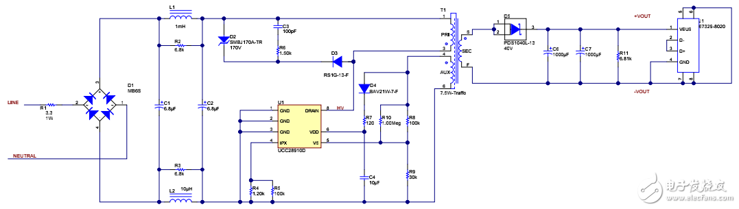 85VAC-265VAC 输入、5V7.5W 低成本、小尺寸反激电路原理图的分享